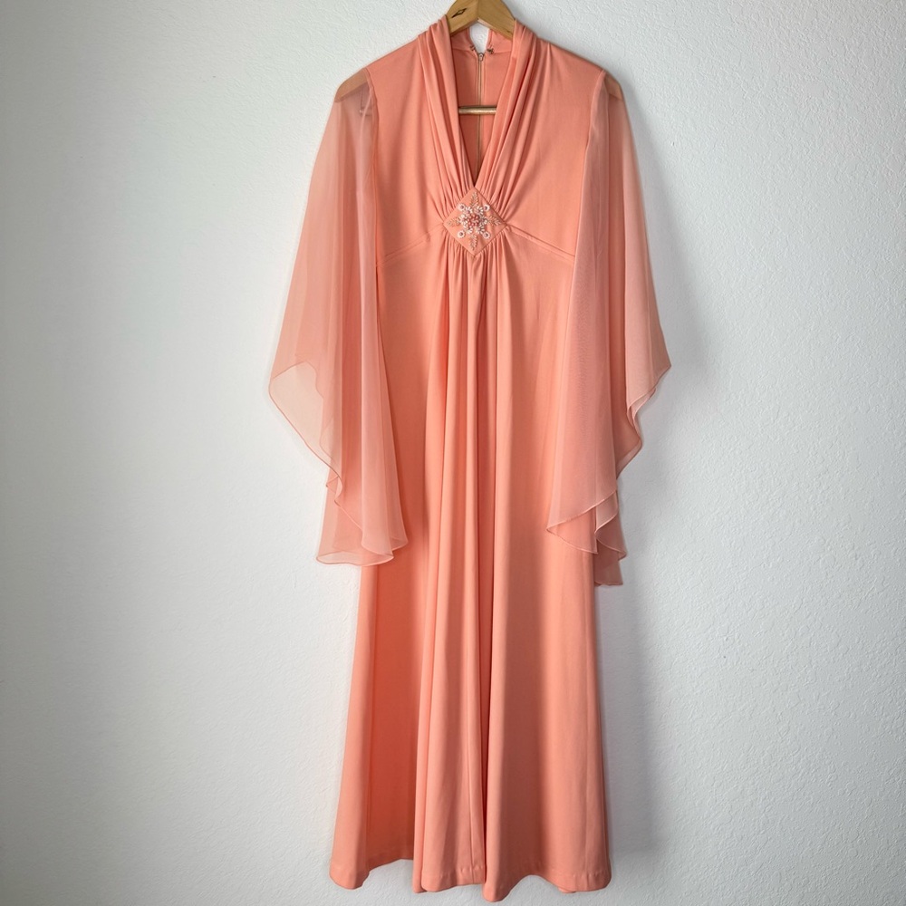 Vintage 70s Peach Chiffon Angel Sleeve Dress